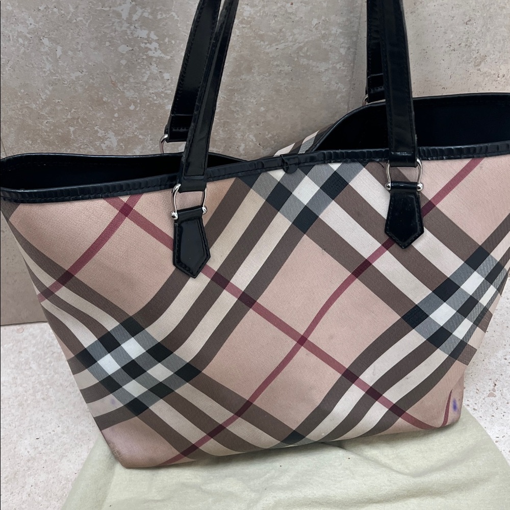 Large Burberry Plaid Tote with Black Trim and Tan Base with dustbag